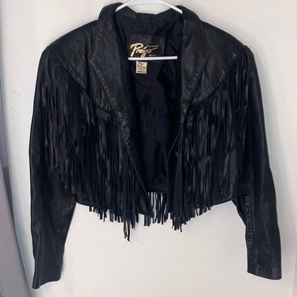 Leather vintage Women's Black Fringe Jacket